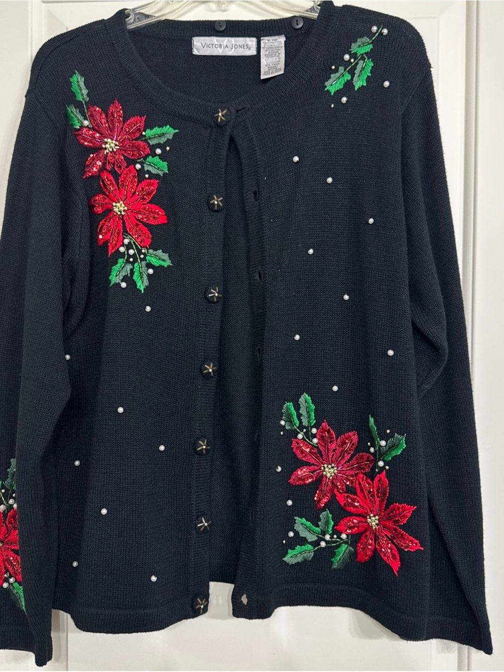Vintage Victoria Jobes Poinsettia Embroidered Cardigan Sweater Size Large